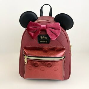 Loungefly Disney Minnie Mouse Velvet Ears Multi-textured Maroon Backpack NWT
